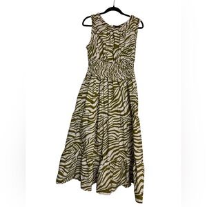 Anthropologie Sleeveless Poplin Smocked Zebra Print Midi Dress - Olive & White